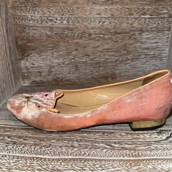 Charlotte Olympia Blush Pink Velvet Cat Kitty Loafer Flats - Picture 5 of 9